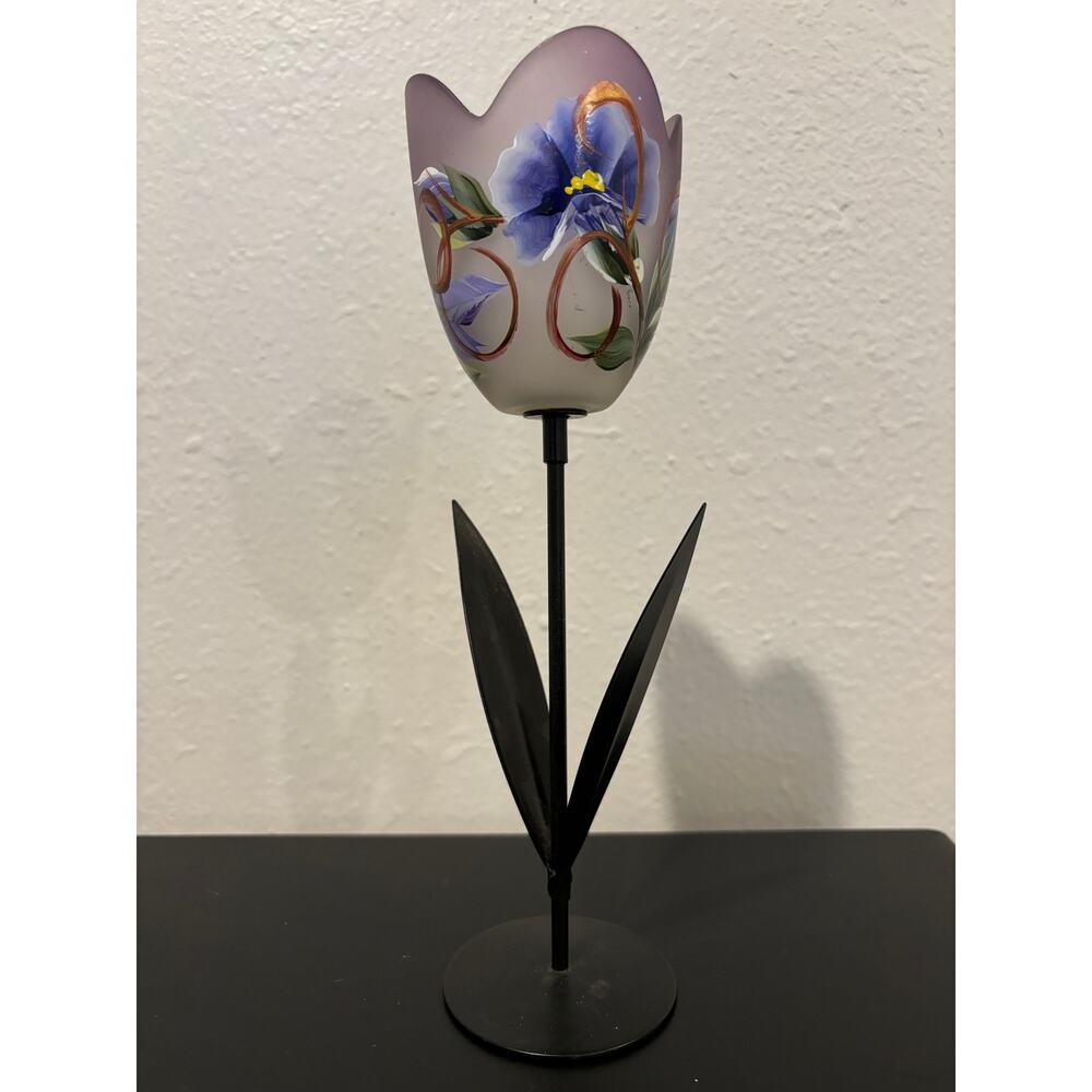 Frosted Painted Glass Metal Candle Holder Tulip Purple Whimsical Artist Signed